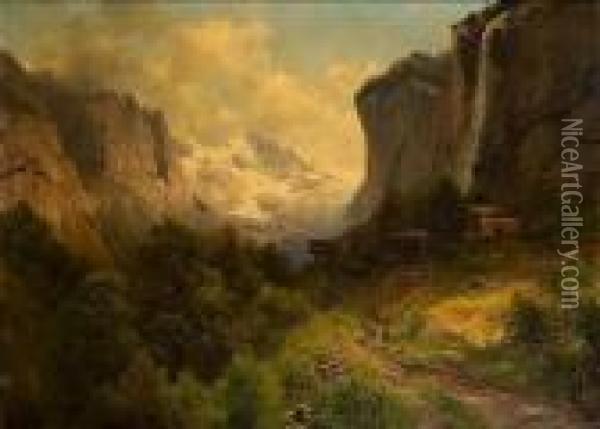 Travellers In A Mountainous Landscape Oil Painting - Adalbert Waagen