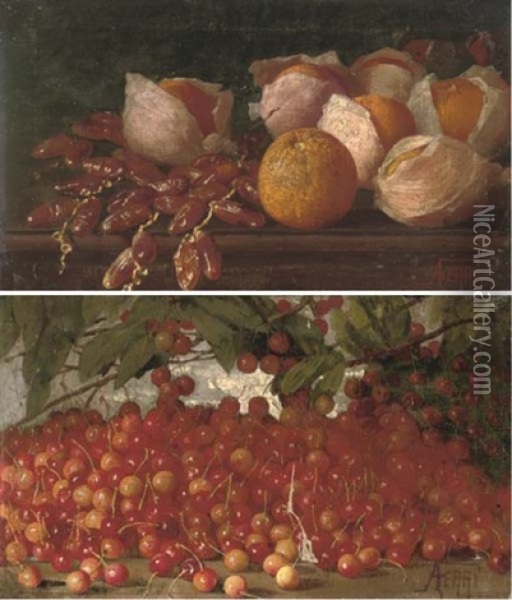 Dates And Oranges On A Table (+ Cherries On A Table; Pair) Oil Painting - Augusto Ferri