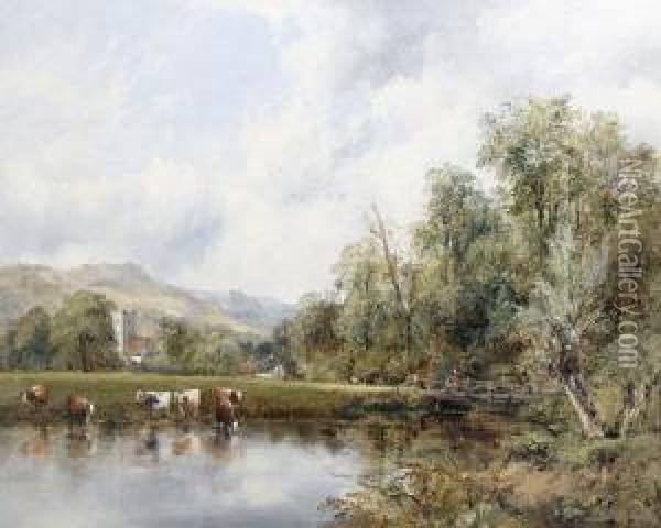 A Landscape With Cattle Watering At A River's Edge And A Village In The Distance Oil Painting - Frederick Waters Watts