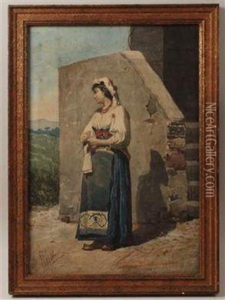 An Italian Woman Next To A House Oil Painting - Filippo Indoni