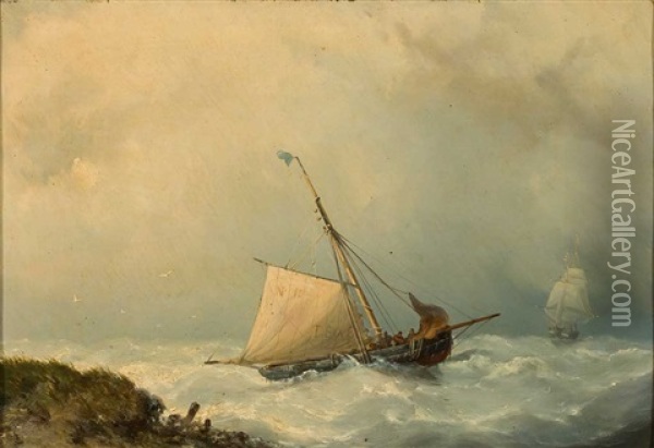 Sturmische Marine Mit Zwei Segelschiffen In Ufernahe Oil Painting - Nicolaas Riegen