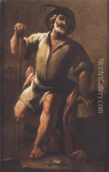 A Peasant, Holding A Staff, Seated On A Rock Oil Painting - Antonio Cifrondi