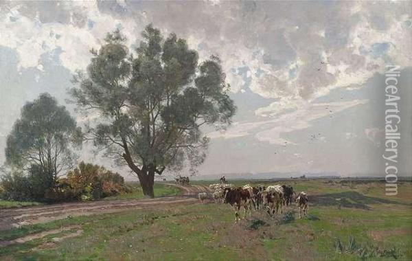 Cattle Drive In Anextensive Summery Landscape. Oil Painting - Otto Struttzel