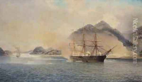 Naval Battle of the Strait of Shimonoseki Oil Painting - Jean Baptiste Henri Durand-Brager