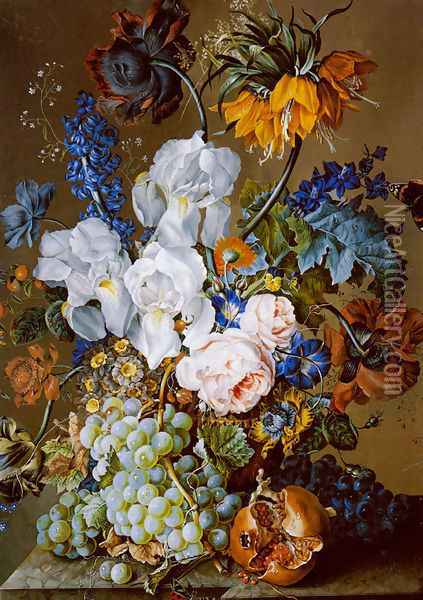 An Elaborate Floral Still Life with a Pomegranate, Grapes and Butterflies Oil Painting - Anton Hartinger