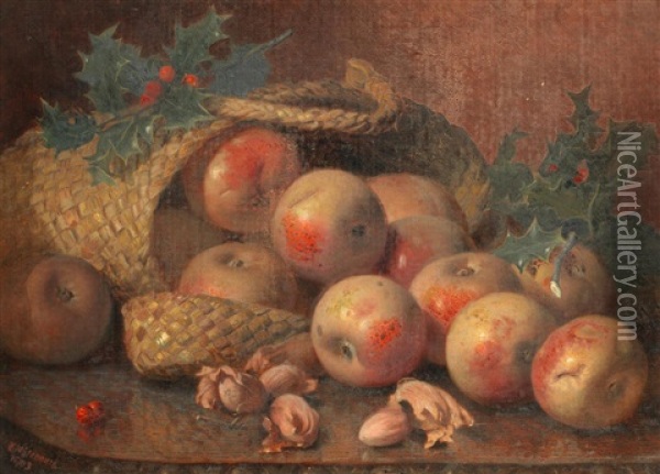 Still Life Of Apples, Cobnuts And Holly Oil Painting - Eloise Harriet Stannard