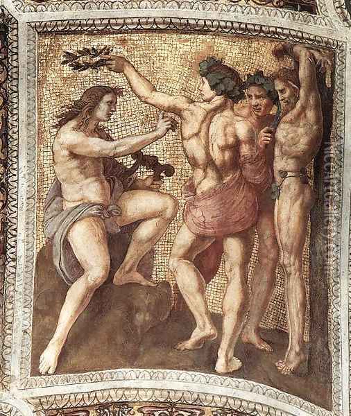 Apollo and Marsyas (ceiling panel) Oil Painting - Raffaelo Sanzio