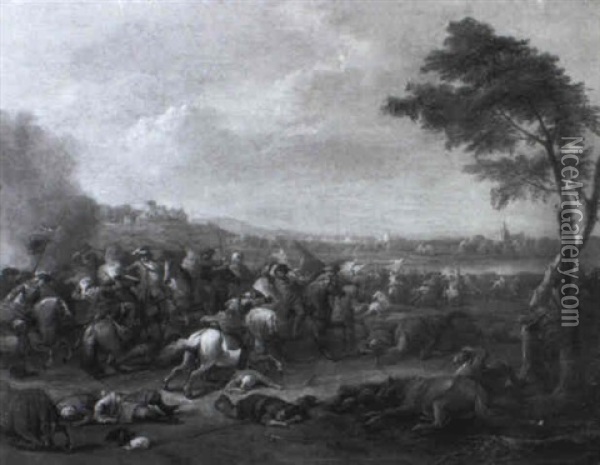 Cavalry Skirmish By A Lake Oil Painting - Karel Breydel
