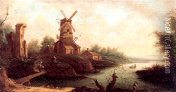 A Riverscape With A Windmill And Figures Oil Painting - Johann Christian Brand