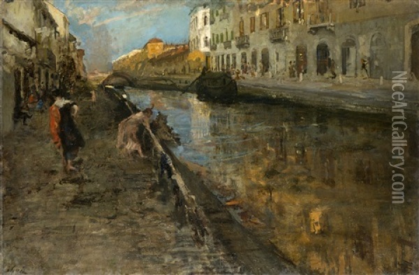 Passeggiando Lungo Il Naviglio Grande. Milano Oil Painting - Emilio Gola