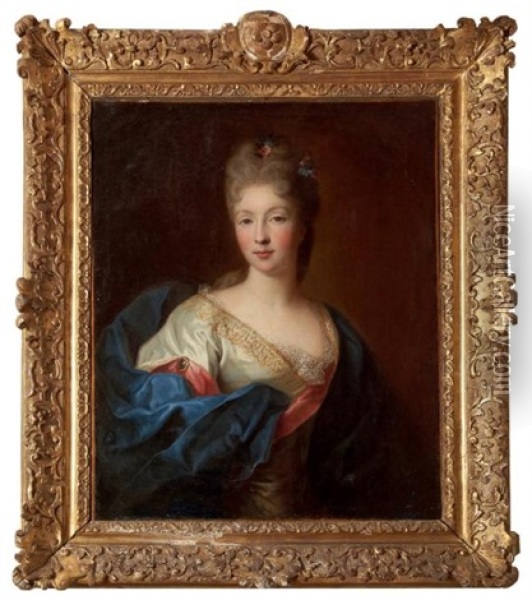 Portrait De Femme Au Corsage De Dentelle Et Manteau Bleu Oil Painting - Alexis-Simon Belle