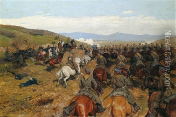 Furst Alexander Von Battenberg In Der Schlacht Am Fluss Slivnica, 17.11.1885 Oil Painting - Antoni Piotrowski