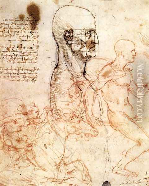 Profile of a man and study of two riders Oil Painting - Leonardo Da Vinci