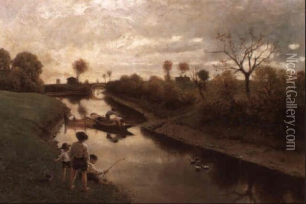 Fischfang Am Kanal Oil Painting - Franz Leo Ruben