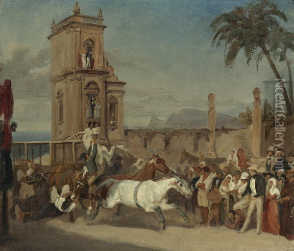 Horses Rearing Oil Painting - Johann Moritz Rugendas