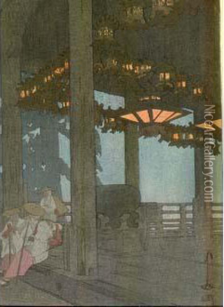 * Grand Oban Tate-e (41,5 X 27,7 Cm), L'interieur Du Temple De Nigatsudo A Nara. Oil Painting - Hiroshi Yoshida