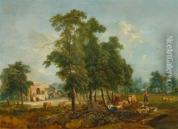 Hirten Mit Kuhen Und Ziegen In Weiten Landschaften (pair) Oil Painting - Johann Christian Brand