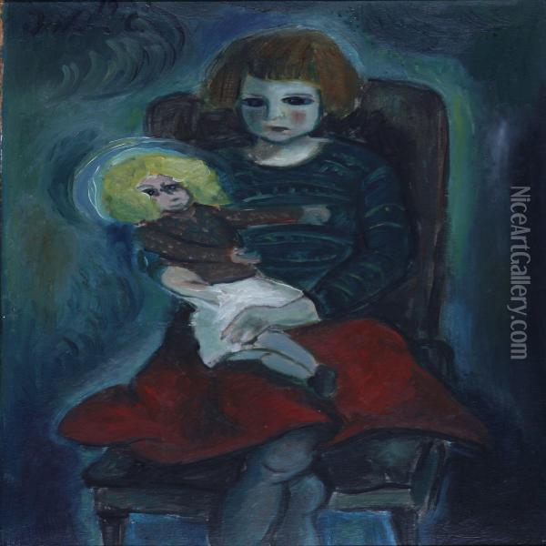 Little Girl With Doll Oil Painting - John Aksel Christensen