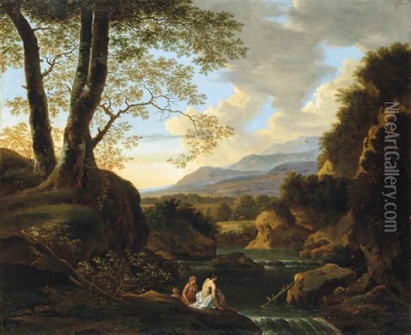 An Italianate Landscape With Women Bathing Oil Painting - Cornelis Van Poelenburgh