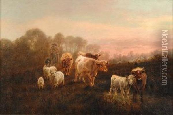 Cattle And Drover In A Landscape At Sunset Oil Painting - William Perring Hollyer