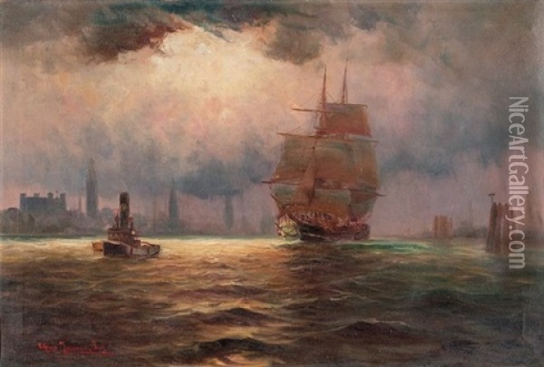 Auslaufendes Segelschiff Mit Lotsenboot Abends Im Hamburger Hafen Oil Painting - Alfred Serenius Jensen