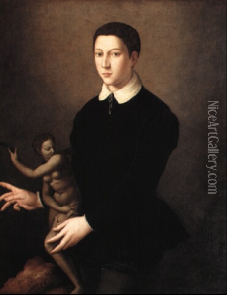 Portrait Of A Young Man Of The Gucciardini Family Holding A Sculpture Oil Painting -  Bronzino
