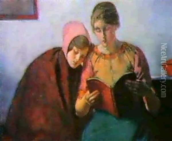 Two Seated Women, One Reading,one Dozing Oil Painting - Myron Barlow