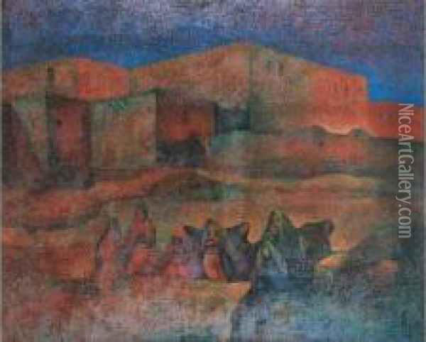 < Femmes Devant Le Village, Maroc >. Oil Painting - Frantz Charlet