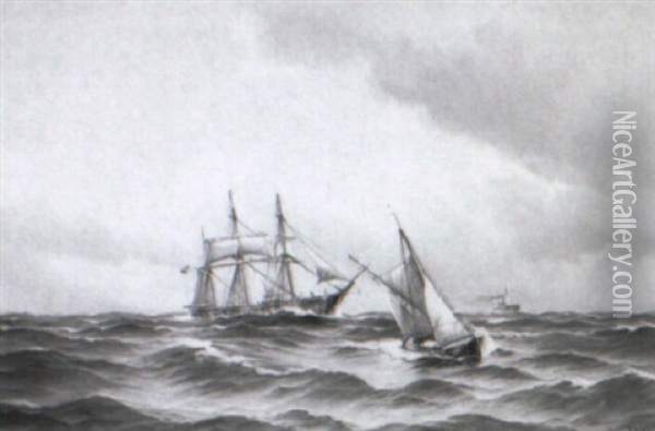 Marine, Sejlskibe Og Dampskib Pa Havet Oil Painting - Vilhelm Victor Bille