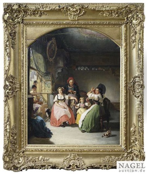 Before Churchgoing, Interior Of A Parlour Dressing Her Daughter's And Grandchild's Hair Oil Painting - Kaspar Kaltenmoser