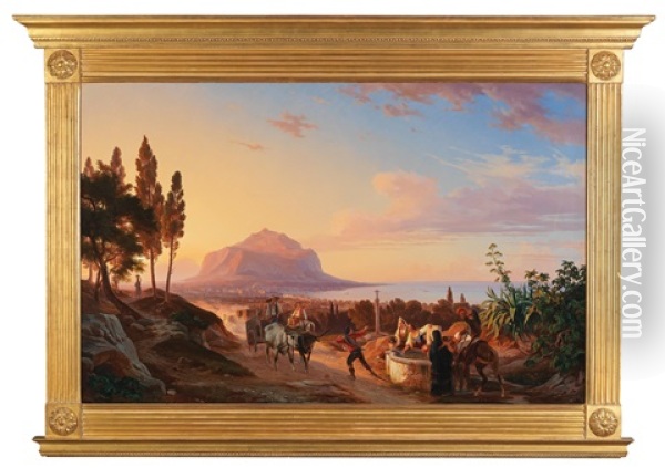 Travellers By A Well, In The Background Monte Pellegrini, Palermo Oil Painting - Carl (Karl) Wilhelm Goetzloff