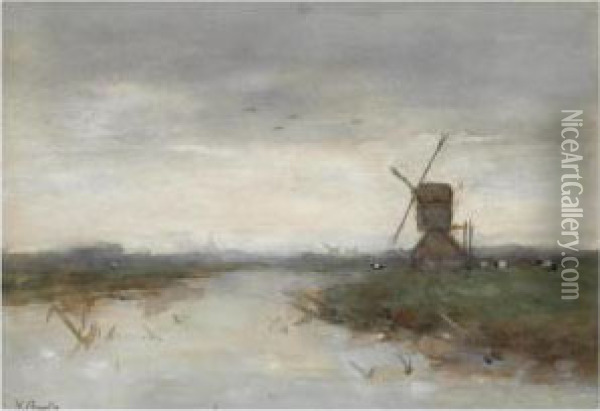 A Windmill In A Polder Landscape Oil Painting - Victor Bauffe