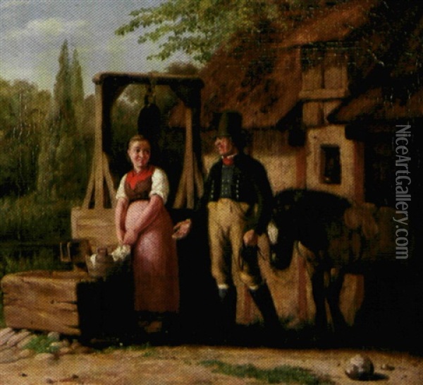 Gardejeren Hilser Pa Den Unge Pige, Der Vasker Toj Ved Bronden Oil Painting - Nicolai Francois Habbe