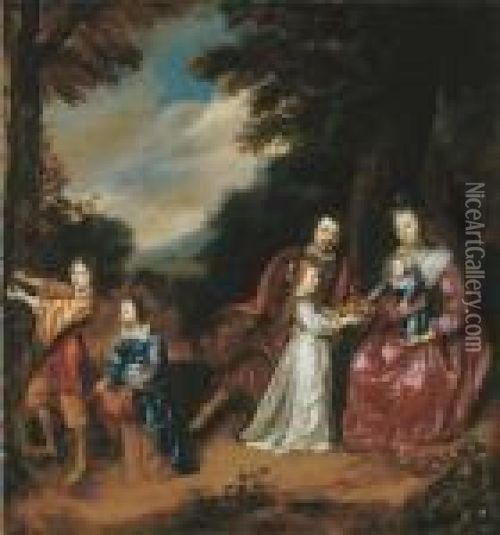 A Group Portrait Of A Family In A Landscape Oil Painting - Jan Mytens