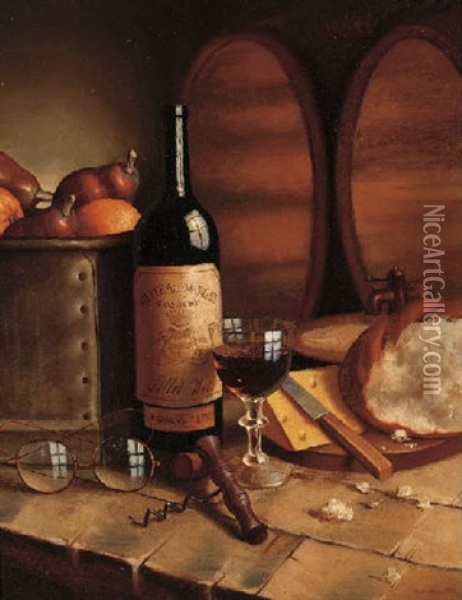 A Bottle Of Chateau Margaux, A Goblet, Fruit, Bread, Cheese And Spectacles On A Table Oil Painting - August Mueller