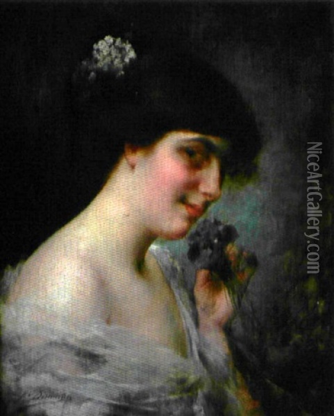 Elegante Au Bouquet De Violettes Oil Painting - Serkis Diranian