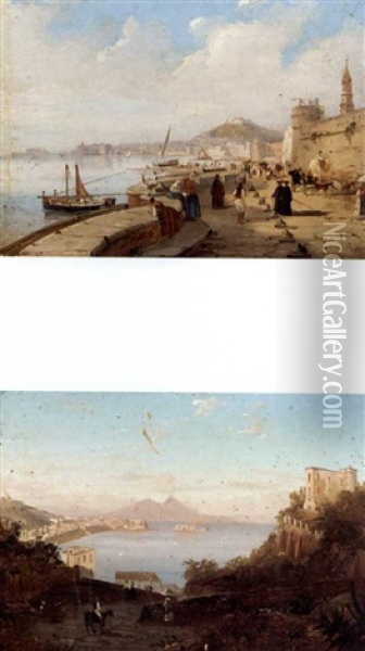 Naples, A View Of The Harbour From The Carmine Looking Towards The Palazzo Di Capodimonte (+ Naples, A View Of The Bay Of Posillipo Looking Towards The Castel Dell'oro; Pair) Oil Painting - Giacinto Gigante