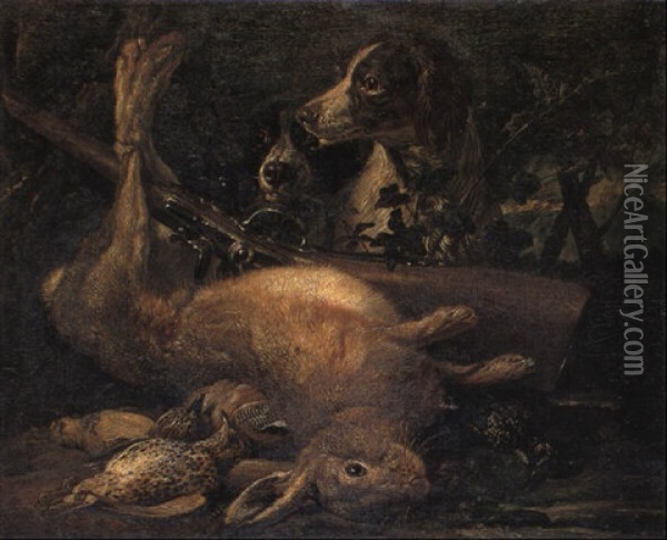 Hunting Still Life With A Dead Hare, Birds And Spaniels Oil Painting - David de Coninck