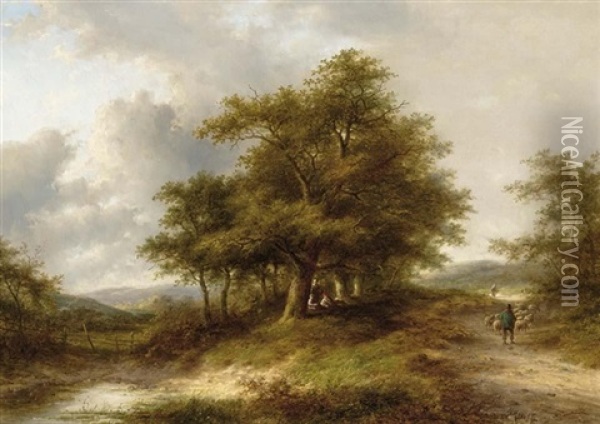 A Wooded Landscape With A Shepherd And His Flock Oil Painting - Jan Evert Morel the Younger
