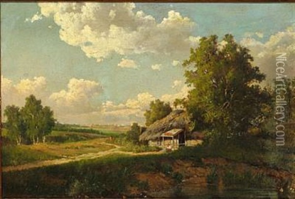 Russian Summer Landscape With A Hut, In The Background A Larger City Oil Painting - Mikhail Petrovich (Baron) Klodt von Jurgensburg