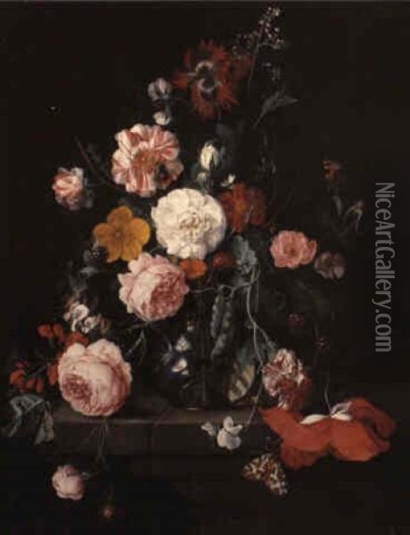 A Still Life Of Flowers In A Glass Vase On A Ledge Oil Painting - Cornelis De Heem