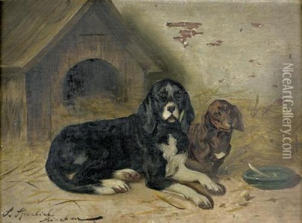 Zwei Hunde Vor Ihrer Hutte. Oil Painting - Sophie Sperlich
