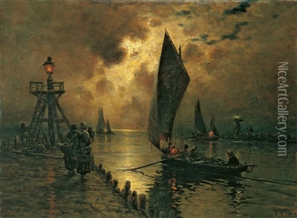 Fischerhafen Im Mondschein Oil Painting - Georges Philibert Charles Maroniez