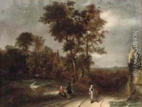 A Wooded Landscape With Figures On A Track Oil Painting - Meindert Hobbema