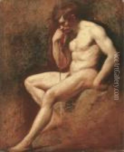 Male Nude, Seated, Leaning On A Staff Oil Painting - William Etty