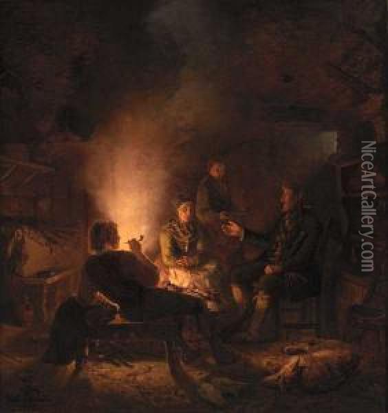 Ulvejaegere Paa Saetren Oil Painting - Adolphe Tidemand