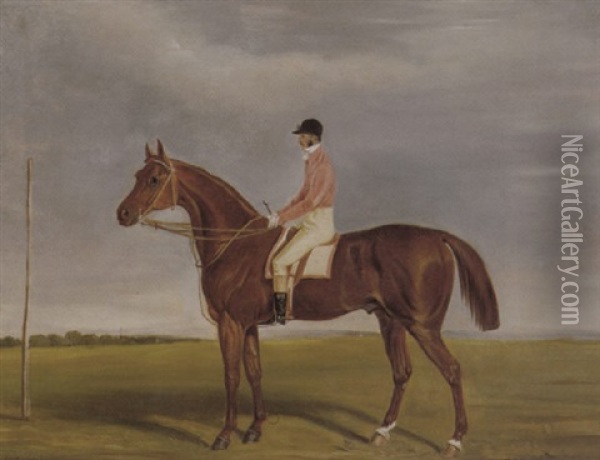 A Chestnut Racehorse With Jockey Up Oil Painting - James (of Bath) Loder