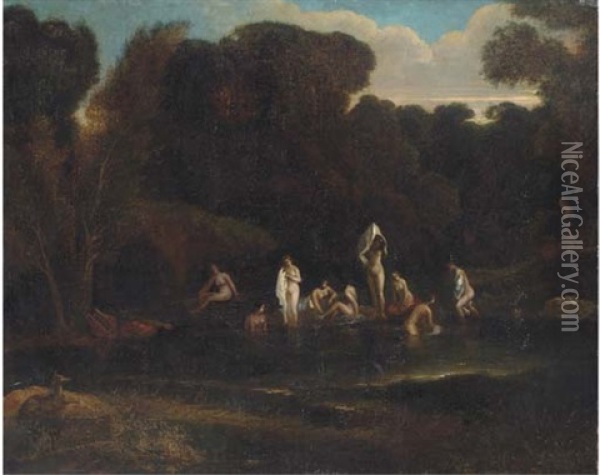 A Landscape With Nymphs Bathing At A Wooded Pool Oil Painting - Albert Meyeringh