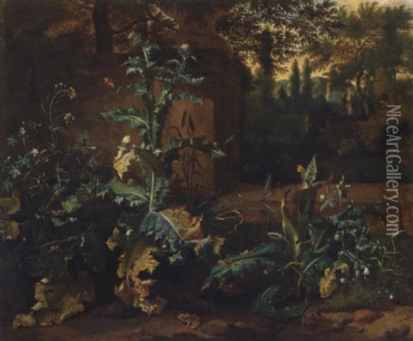 Frogs, Butterflies And Snails Amid Undergrowth Near A Wall, An Italianate Garden Beyond Oil Painting - Dirk Maes