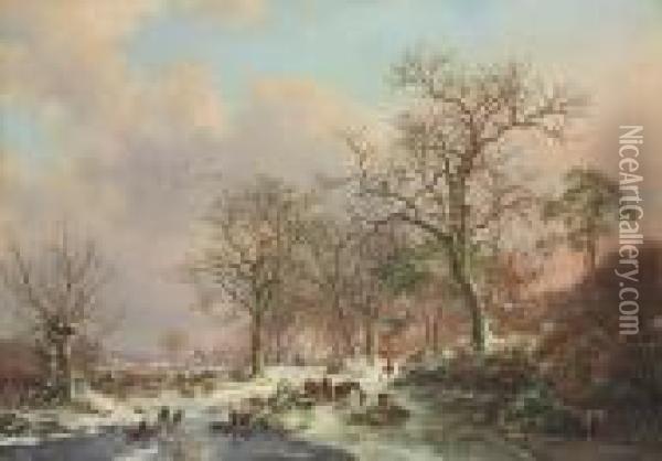 Wood Gatherers In A Winter Landscape, With A Castle Beyond Oil Painting - Frederik Marianus Kruseman